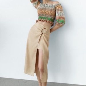 Zara Linen Layered Midi Skirt With Ring Detail Size small